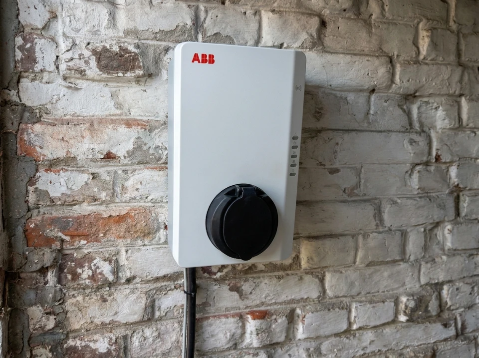 Homme chargeant un véhicule électrique blanc à une borne de recharge publique en extérieur, environnement urbain avec verdure en arrière-plan