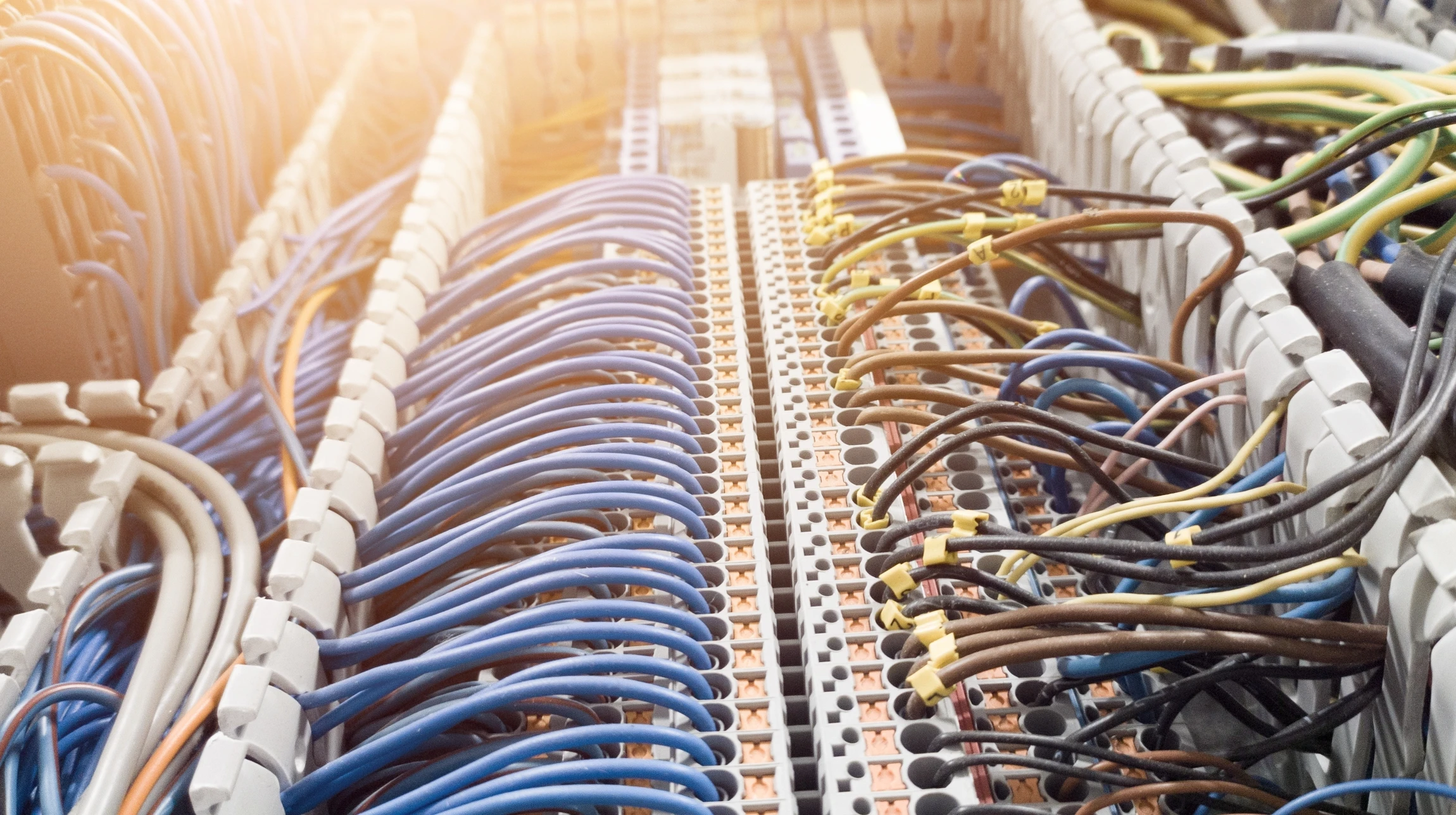 Photographie en gros plan d'une installation électrique professionnelle dans un bâtiment : panneau de distribution électrique ouvert montrant des disjoncteurs organisés, des câblages neatement installés avec des gaines de protection, et des composants certifiés. La scène capture un technicien qualifié effectuant une vérification ou une installation, mains visibles travaillant sur les éléments électriques. L'image doit transmettre professionnalisme, sécurité, et conformité aux normes électriques. Éclairage professionnel mettant en valeur les détails techniques.
